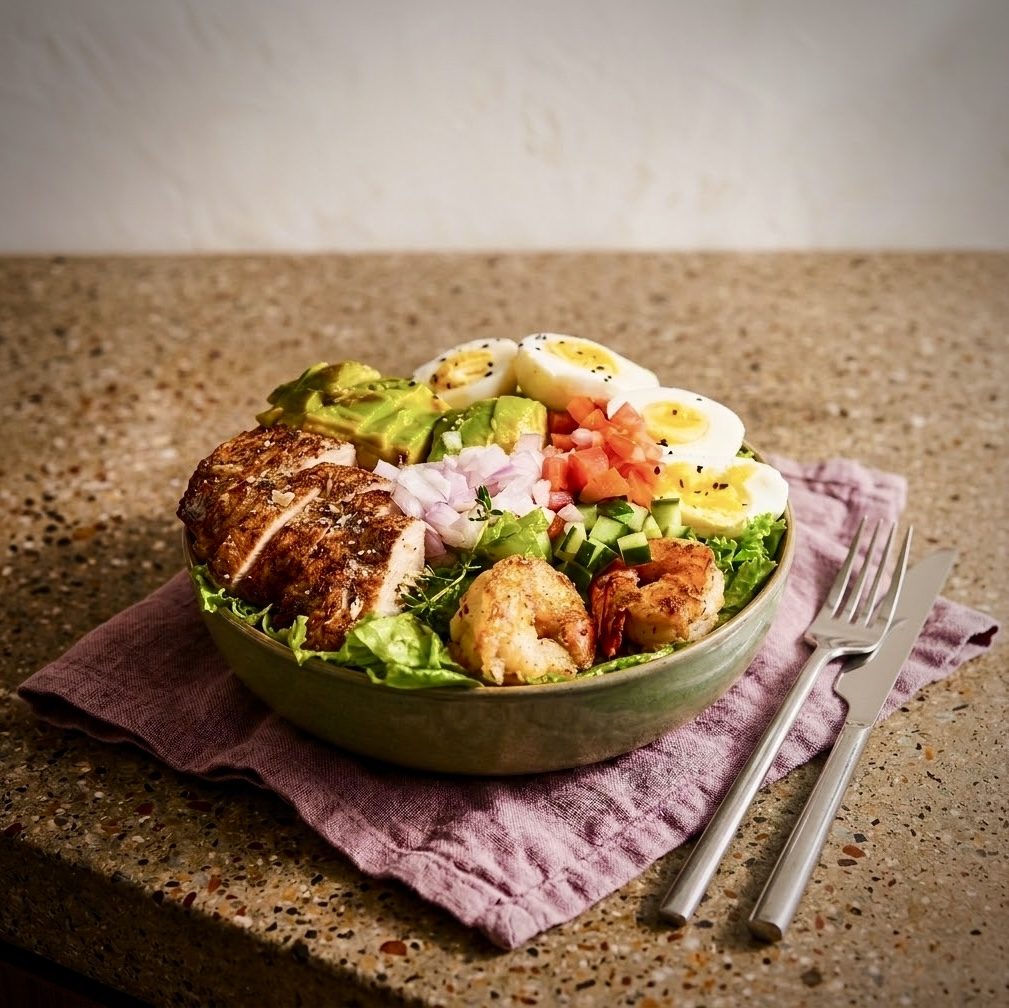 Grilled chicken Cobb salad with avocado, egg and prawns at Taprobane Table, Colombo