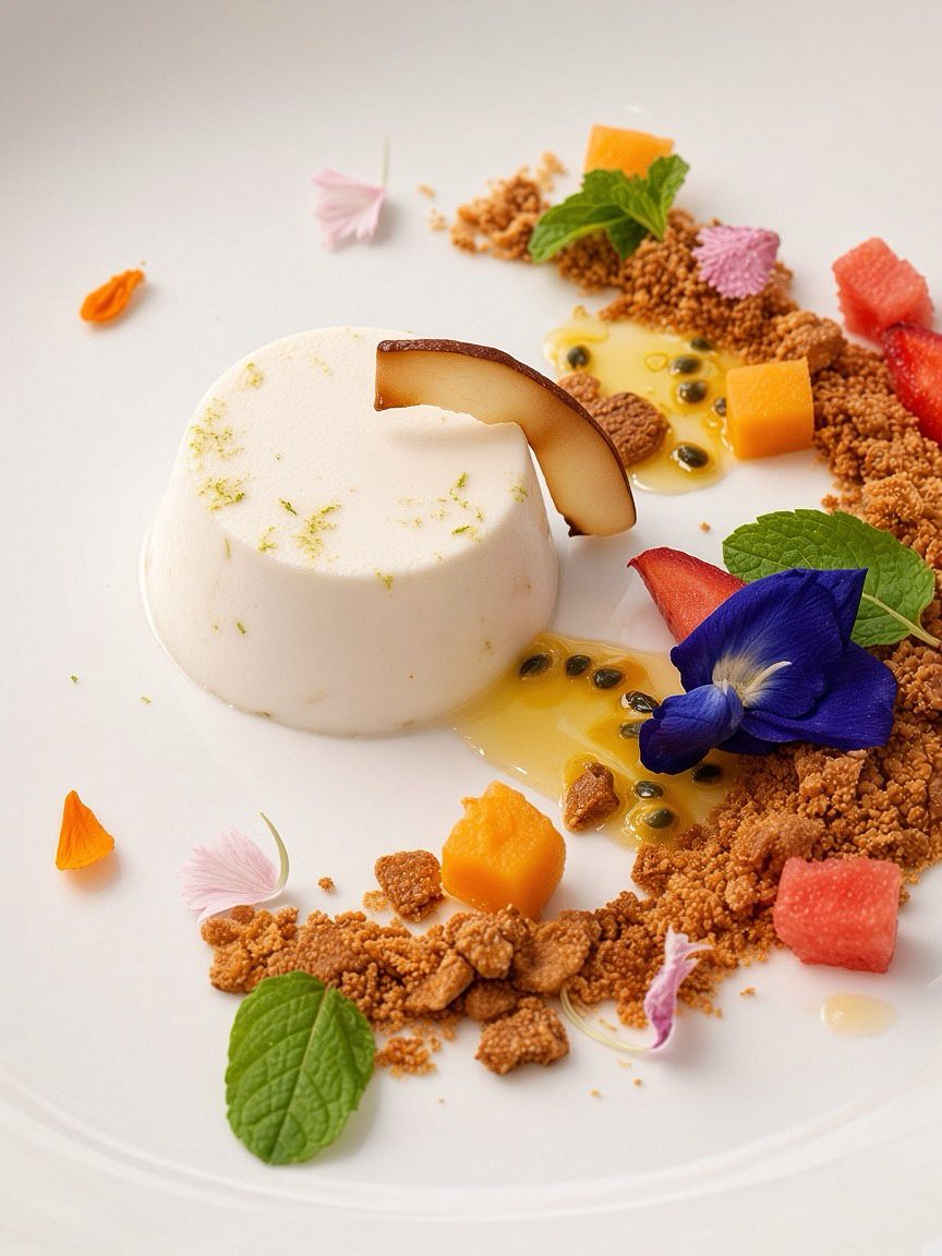 Coconut panna cotta with passion fruit, tropical fruit and butterfly pea flower at Taprobane Table, Colombo