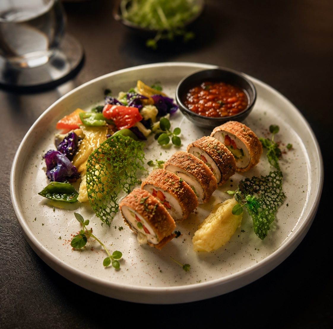 Crumbed roulade with garden vegetables and tomato relish at Taprobane Table, Colombo
