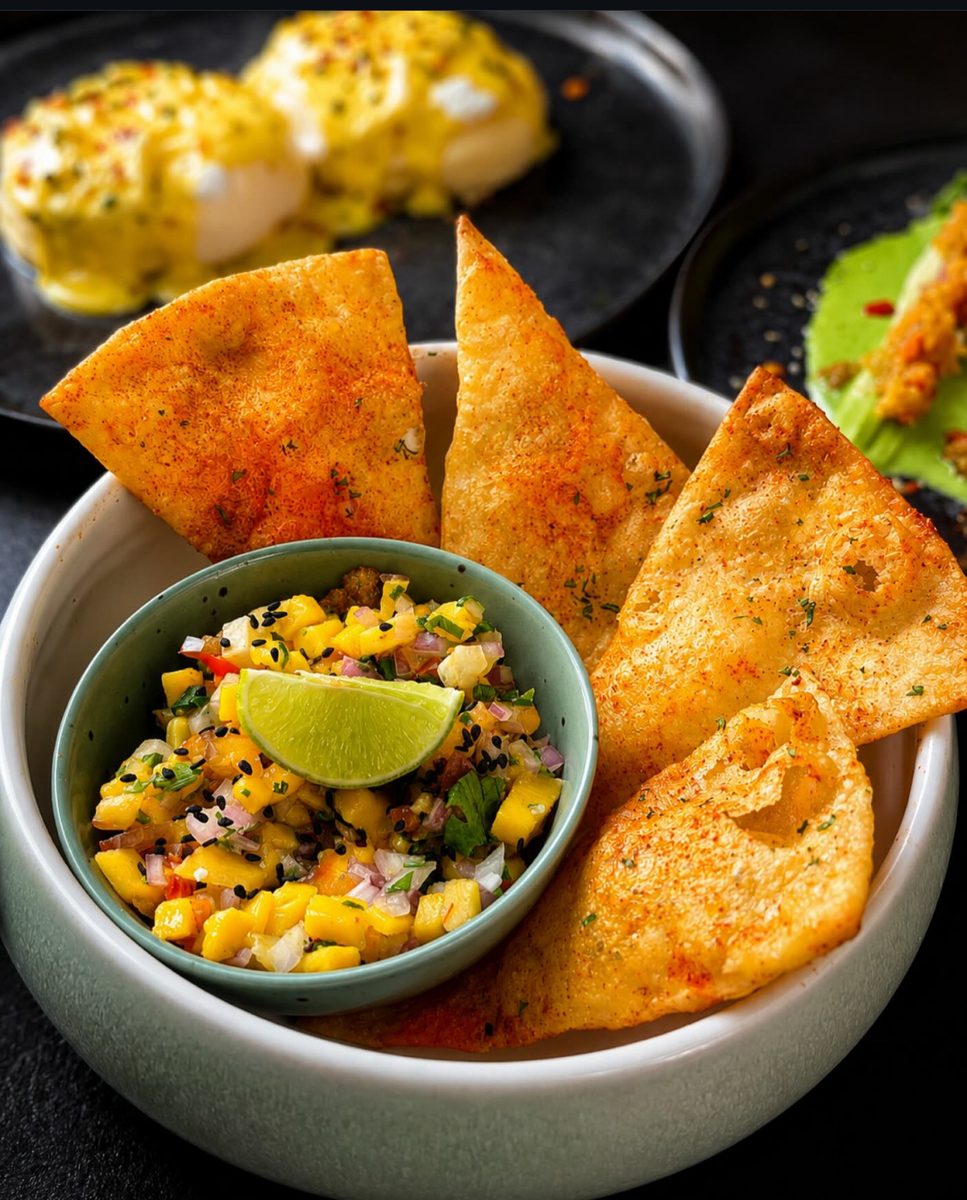 Mango and corn salsa with spiced tortilla chips at Taprobane Table, Colombo