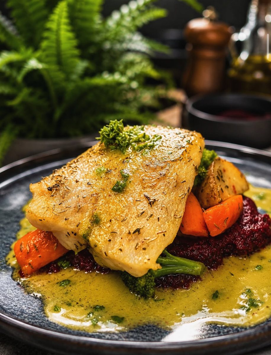 Pan-seared fish fillet with butter sauce and roasted vegetables at Taprobane Table, Colombo