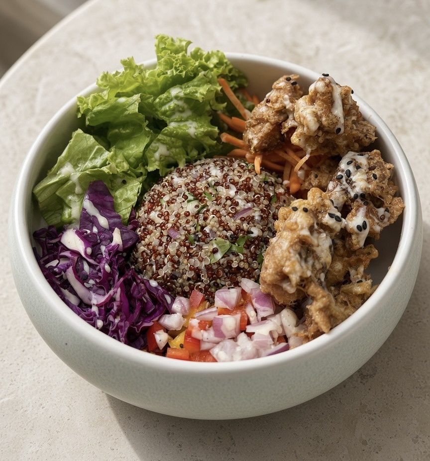 Quinoa bowl with crispy chicken, red cabbage and fresh leaves at Taprobane Table, Colombo
